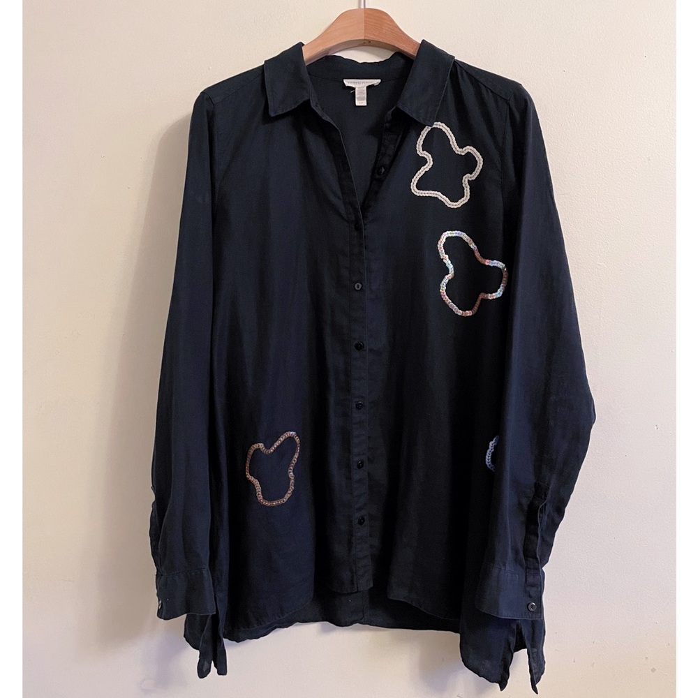 Eileen Fisher Black Organic Linen Button Down Size Small Washed Black